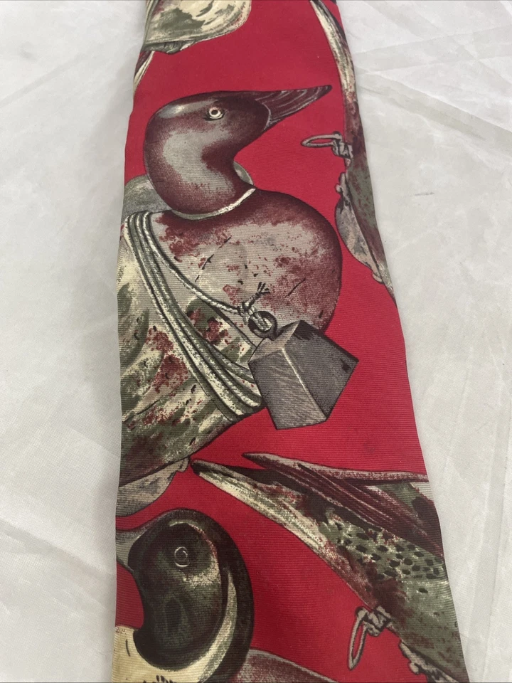 Corbata Ducks Unlimited Vintage Patos Mallard Rojo Verde Marrón Toda Seda Hecha en EE. UU. Foto 3 de 4