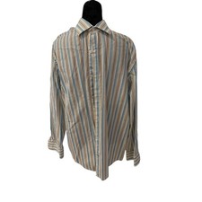 Banana Republic Men's Striped Dress Shirt Size 16 16 1/2 Blue Tan Brown