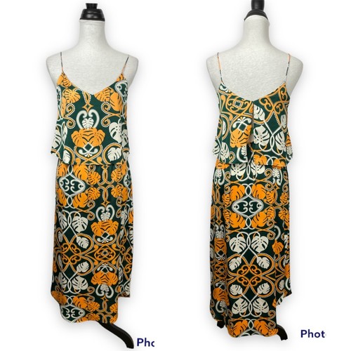 H&M 4 NWT Women's Green & Neon Orange Tropical Floral Print Blouson Midi Dress