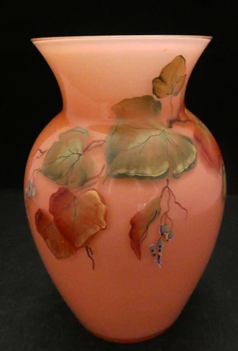 Shelly Fenton Art Glass Hand Painted Pink Vase - Flowered Design