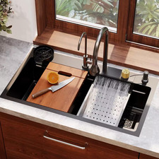 32 In. Drop-In/Undermount Single Bowl 18 Gauge Black Stainless Steel Workstation