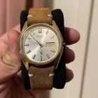 Seiko Automatic 17J Day/Date Gold Tone Silver Dial Brown Leather Strap