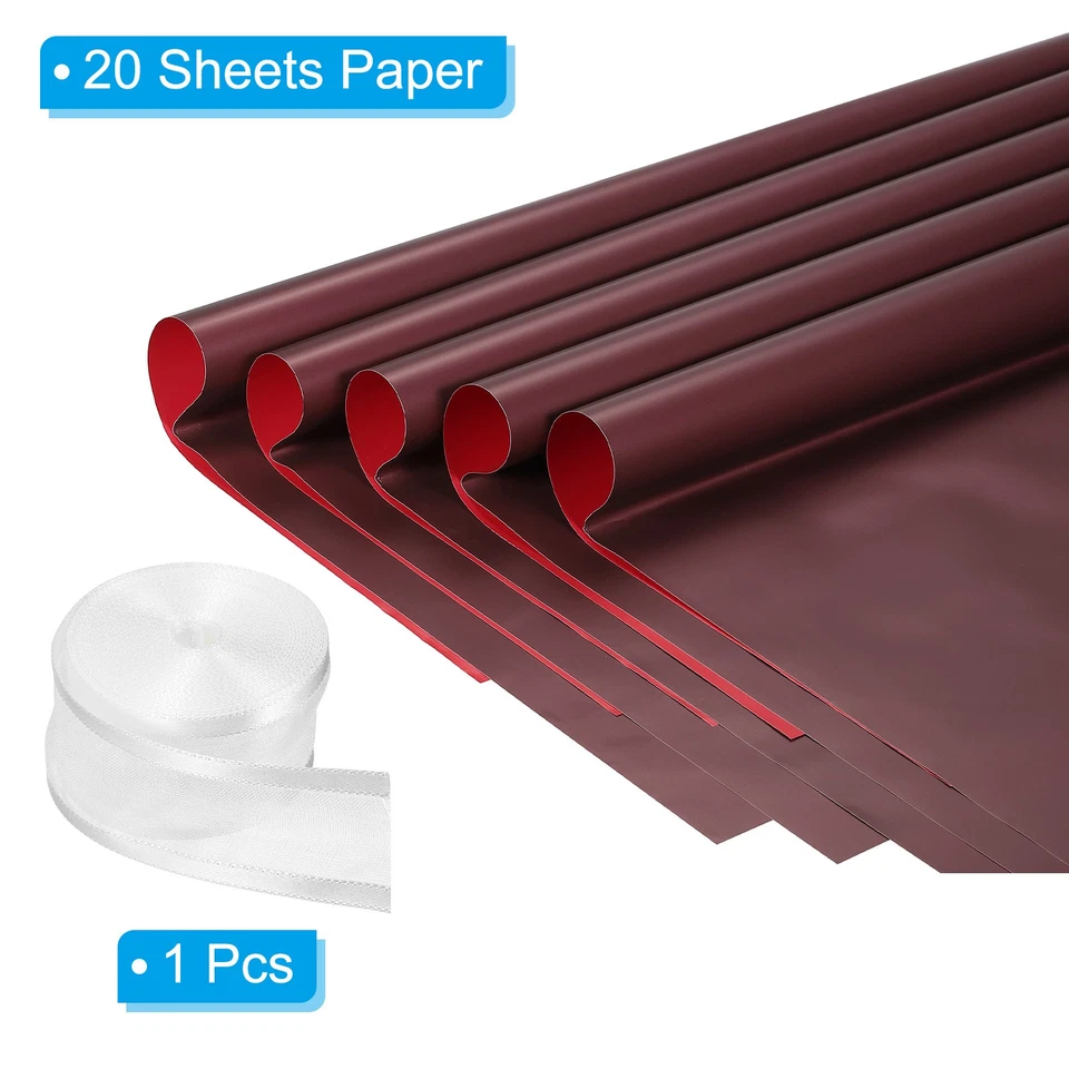 20 hojas de papel de envolver flores con cinta 22,8"x22,8" rojo mate/borgoña Foto 3 de 4