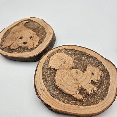Cottagecore Hand Carved Dog & Squirrel Wood Tree Slices W/Bark Rustic Wall Decor
