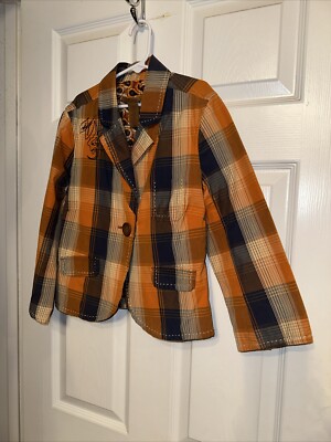 Vintage Old Navy XS Womens Jacket Orange Blue Plaid Blazer Beaded Button 