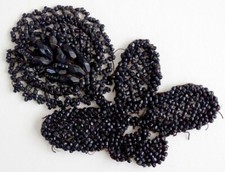 Antique VICTORIAN Jet Black Glass Bead HAND BEADED Rose Floral MOURNING APPLIQUE