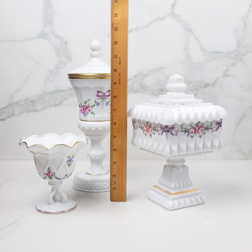 VTG Westmoreland Milk Glass Wedding Bride Box Painted Compote Lid Dish Candy Set - Picture 3 of 18