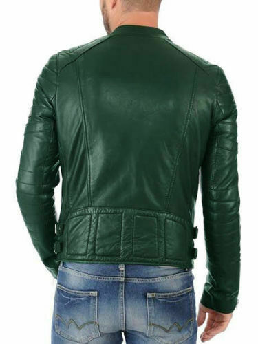 New Men's Genuine Lambskin Leather Jacket Green Slim Fit Biker Motorcycle Jacket - Picture 3 of 8