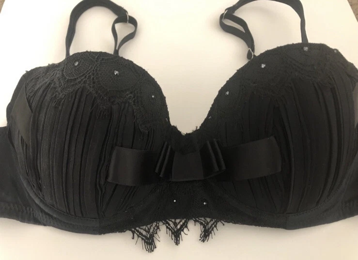 Pleasure State Couture Balconnet Black Silk Lace Swarovski Crystal Bow Bra 32B - Image 2 of 4
