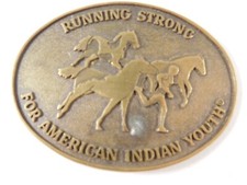 Vintage Original "Running Strong For American Indian Youth" Brass Belt Buckle