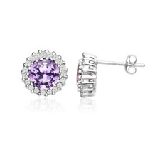 Round Halo Simulated Amethyst  CZ Stud Earrings in Sterling Silver