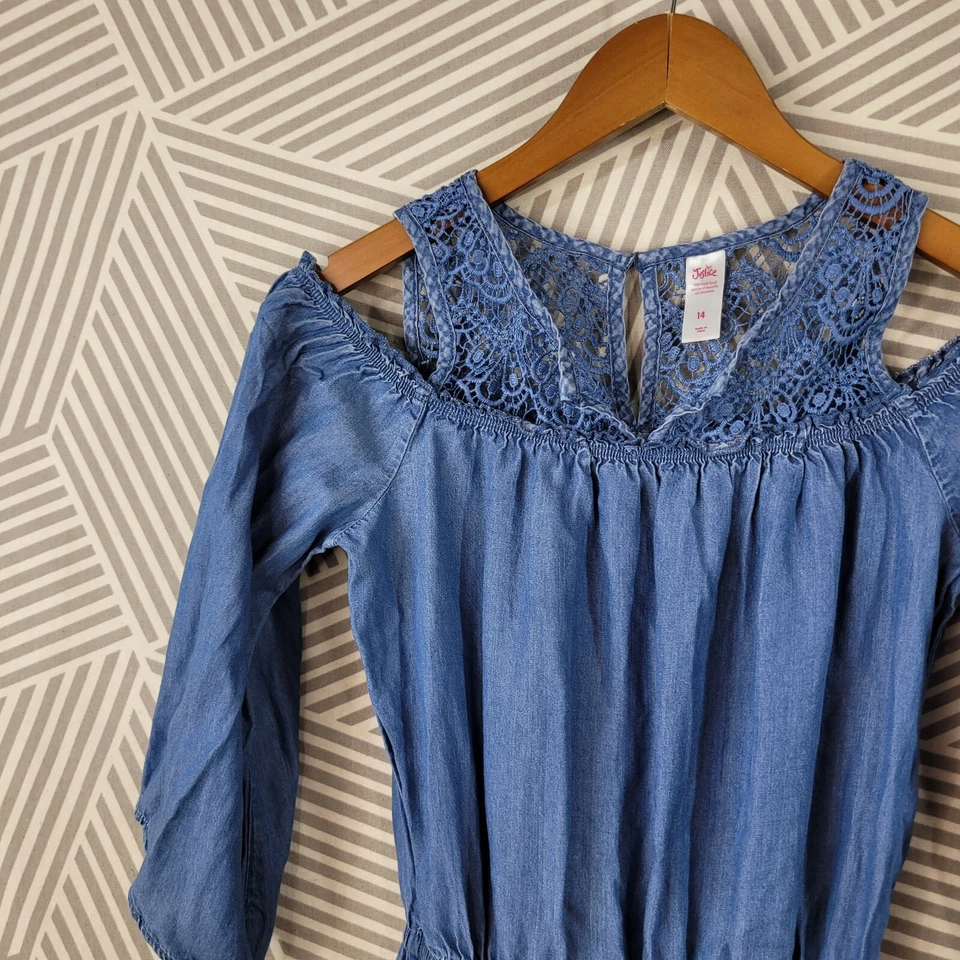 Justice Girls Blue Jean Denim long sleeve Romper Size 14 Jumpsuit Cowgirl  - Image 2 of 4