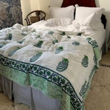 indian handmade Cotton kantha Quilt hand Block print king Size Bedspread Blanket