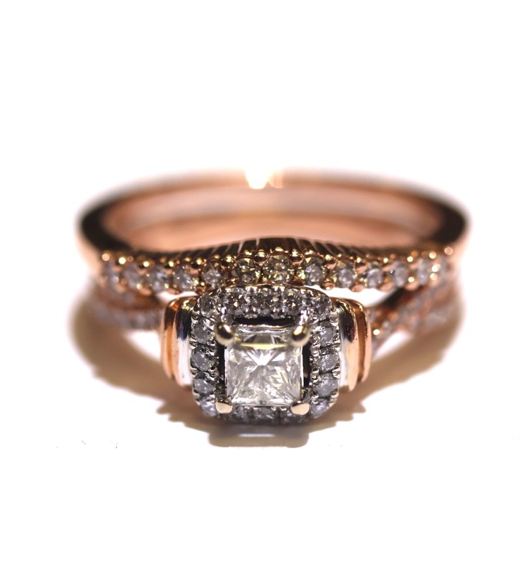 14K rose gold .77ct princess diamond engagement wedding band ring set 6.4g 5