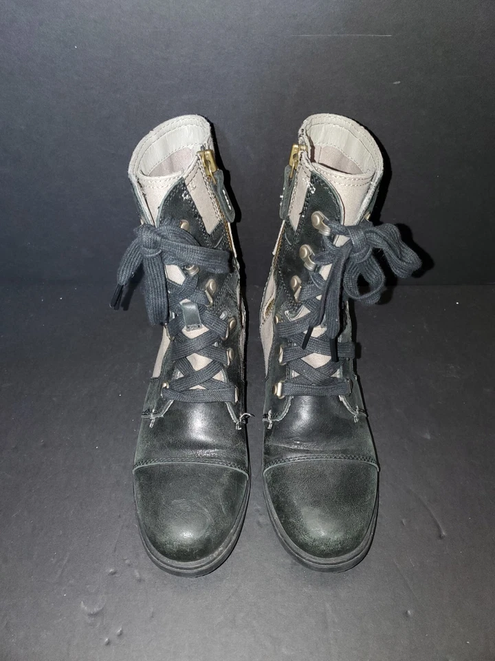 Sorel Original Major Carly Lace Up Leather Canvas Boot Womens Size 6 Black Beige - Image 3 of 4