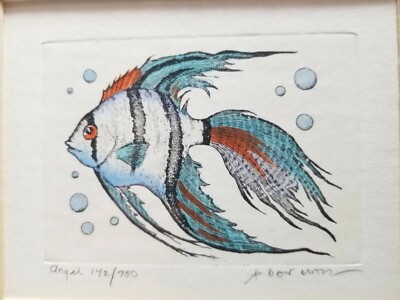Dan Mitra Color Etching On Paper ''Angel'' 142/750 Signed Angelfish Fish Print LE