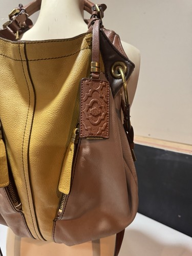 Genuine Leather orYany Grey Brown Yellow Handbag with Gold Hardware Detailing - Picture 11 of 15