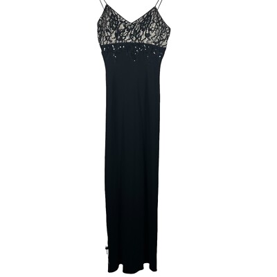 Rimini by Shaw Black Maxi Dress Size 6 Y2K Sequin Lace Overlay Witchy Whimsigoth