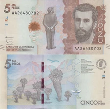 Colombia 5000 Pesos (19.8.2015) - Poet/Desert Scene/p459a Prefix AA UNC