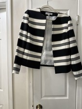 Tahari Open Front Blazer Women Blue and White Tailored Reduced