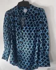 Halston‎ Heritage button down Blouse blue black chain pattern 100%  silk size 2