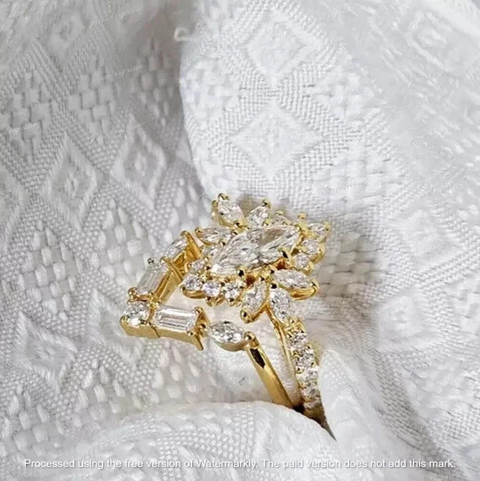 Juego de anillos de compromiso nupcial de oro amarillo de 14 quilates con diamantes creados en laboratorio de corte marquesa FN Foto 3 de 3