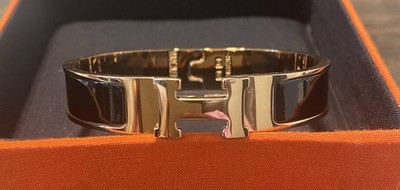 Hermes Clic Clac H Bracelet Black Enamel Rose Gold Tone PM Made In France