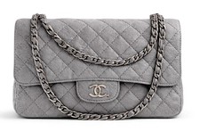 CHANEL Medium Classic Double Flap Bag Grey Caviar Leather Silver Hardware