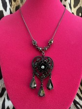 Betsey Johnson Hematite Matte Black Glitter Rose Gray AB Crystal Heart Necklace