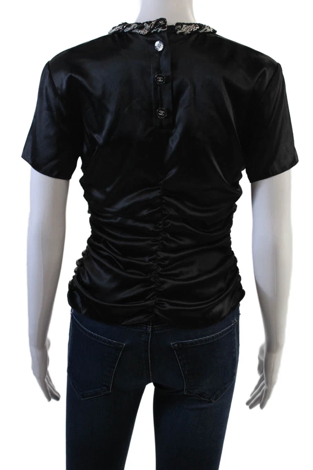 Blusa Chanel Mujer Seda Acanalada Mangas Cortas Tejida Escote Negra Talla 34 EUR Foto 3 de 4