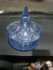 Indiana Glass Candy Dish Blue Princess Diamond Point Lidded Dresser Jar Vintage