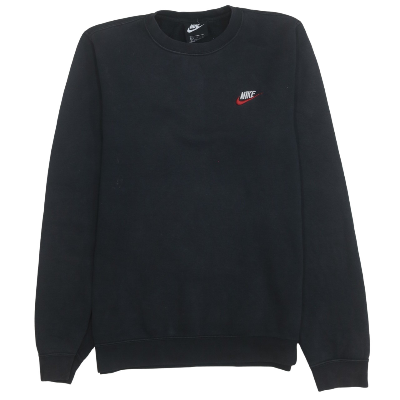 Nike Mens Sweatshirt Black Fleece Crew Neck Embroidered Red Swoosh Pullover S