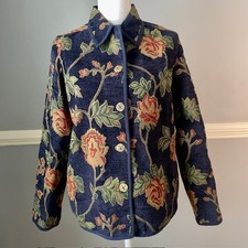 Vintage Floral Tapestry Jacket Navy Rose Cottagecore Button Front