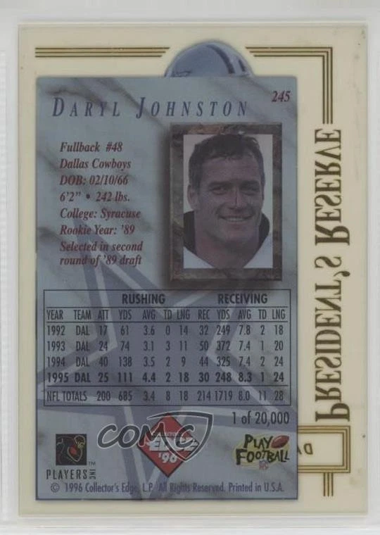 1996 Collector's Edge President's Reserve /20000 Daryl Johnston #245 - Image 2 of 2