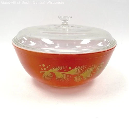 VNTG Pyrex "Golden Leaf" Pinecone Red Large 4qt Round Casserole Dish w/Lid #404