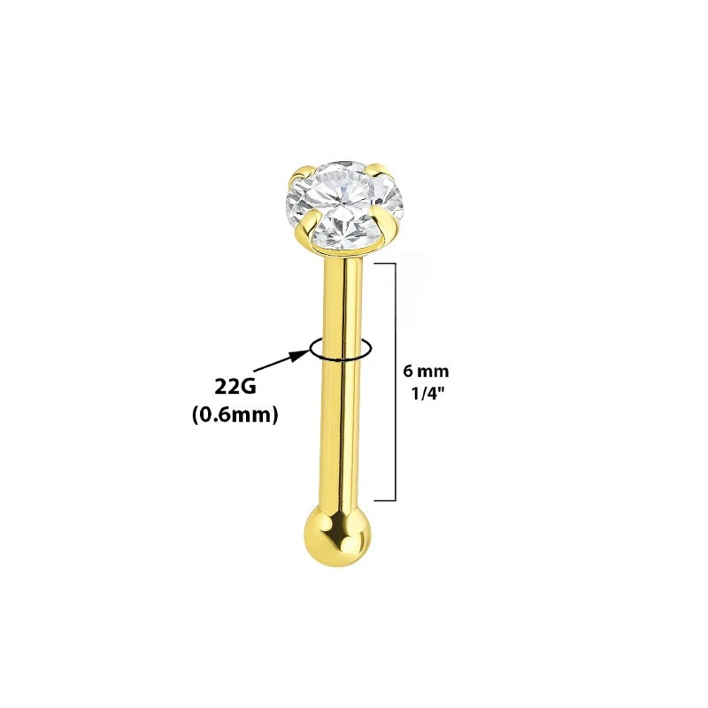 14k Solid Gold Nose Bone Stud Ring 22G with Prong Setting Round CZ Nose Piercing - Image 2 of 2