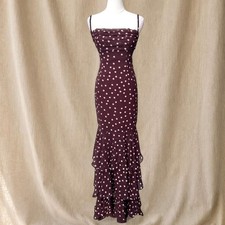 Burgundy polka dot maxi dress with soft cowl neck and tiered ruffle hem