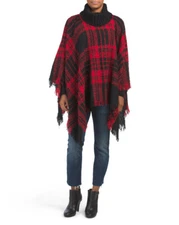 New CEJON Boucle Turtleneck Poncho BUFFALO PLAID Red + Black NWT