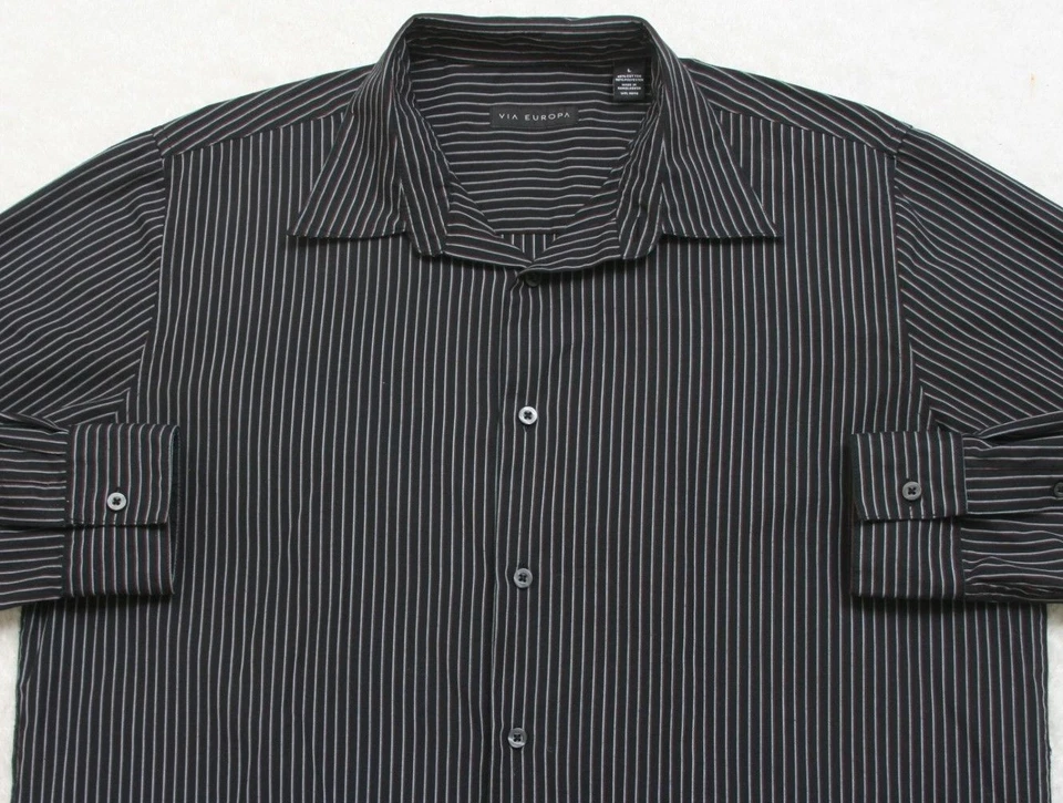Via Europa Black Gray & Red Dress Shirt Button Up Man's Top Large Striped 1-581 - Image 2 of 4