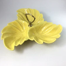 Vintage California Yellow Ceramic Leaf 3 Compartment Serving Dish Plate Snacks