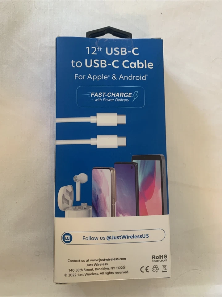 Just Wireless JW 12 Ft White Cord USB-C To USB-C Android iPads MacBooks Notebook - Image 2 of 4