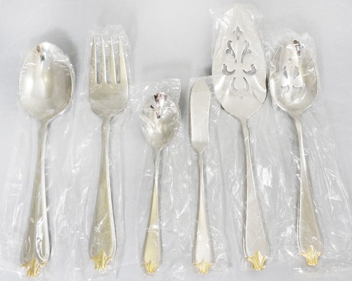 WALLACE FLEUR DE LIS Gold Accent 6 Piece Hostess Set Stainless NEW NEVER USED - Picture 4 of 6
