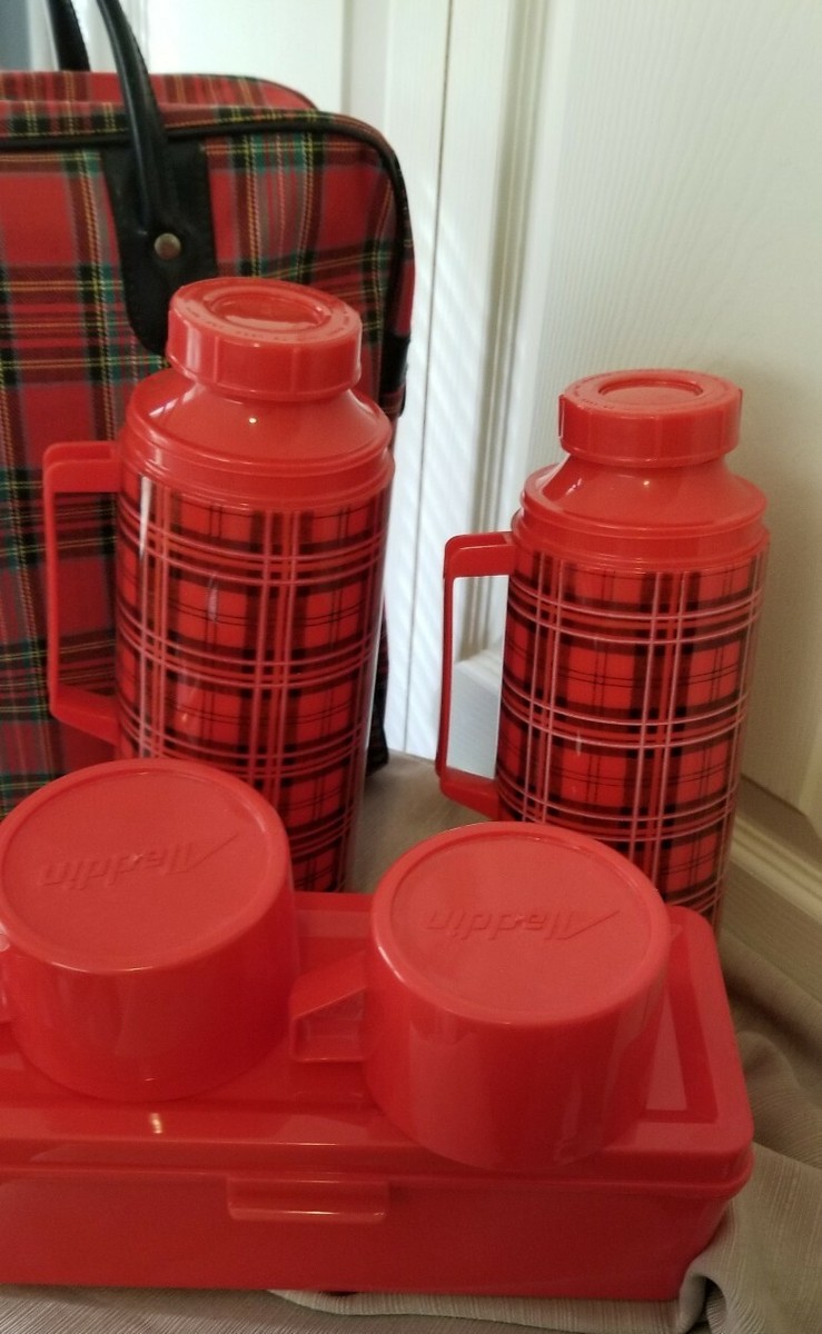 Vintage Aladdin Thermos Bottle And Bag Set, Plaid