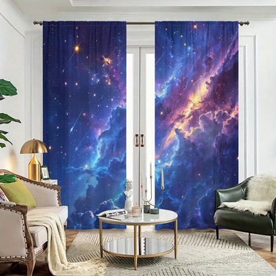 2 Panels 3D Blue Starry Sky View Curtains Window Drapes for Bedroom Living Room