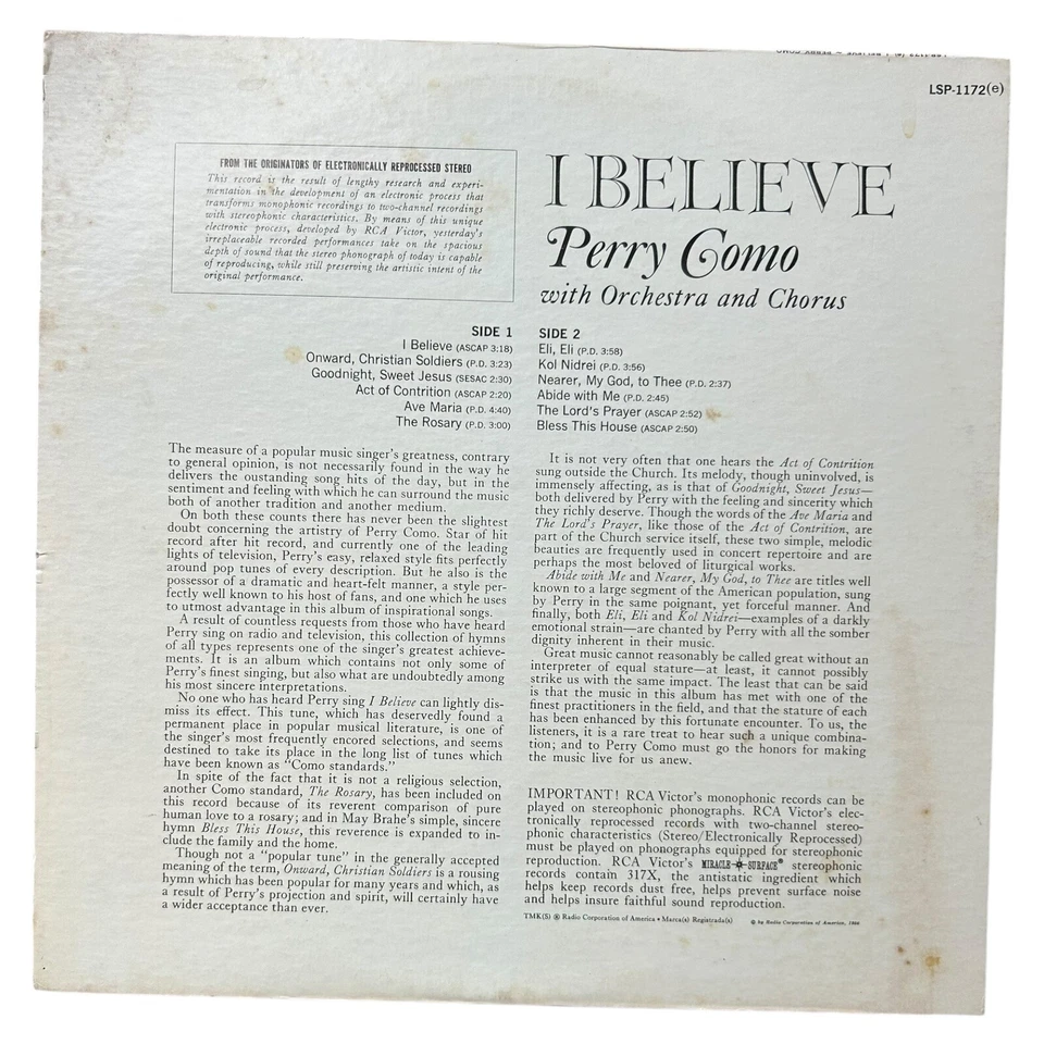 Perry Como - I Believe (VG/VG) Vinyl Record LP RCA Victor LSP-1172 STEREO Foto 2 de 4