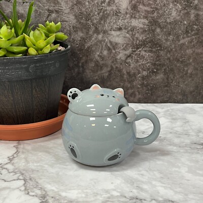 Grey Cute Cat Mug Ceramic Coffee Tea Milk Cup with Kitty Lid, Kawaii Cat Spoon