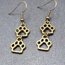 New Pierced Earrings Bronze tone Puppy Dog Paw Prints Dangle 1"