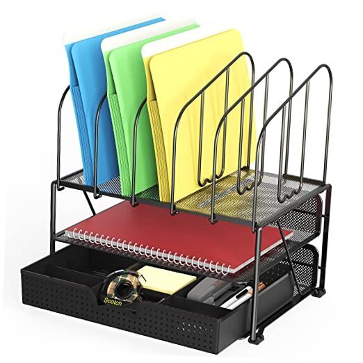 DecoBros Black Mesh Desk Organizer with Double Tray and 5 Upright Sections