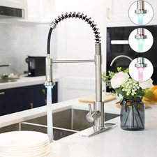 Brushed Nickel LED Kitchen Faucet Pull Down Sprayer Spring 3 Hole Sink Mixer Tap