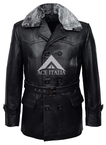 'GERMAN PEA COAT' Black Fur Men's Classic Reefer Military Hide Leather Jacket - product listing photo